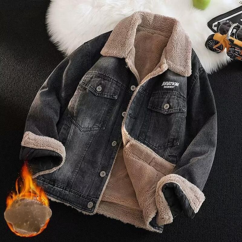 Herren-Winterjeansjacke – Verdickter High Street Fashion Loose Fit Freizeitmantel für Männer (Graues Fleecefutter, M-4XL)_voghion.com