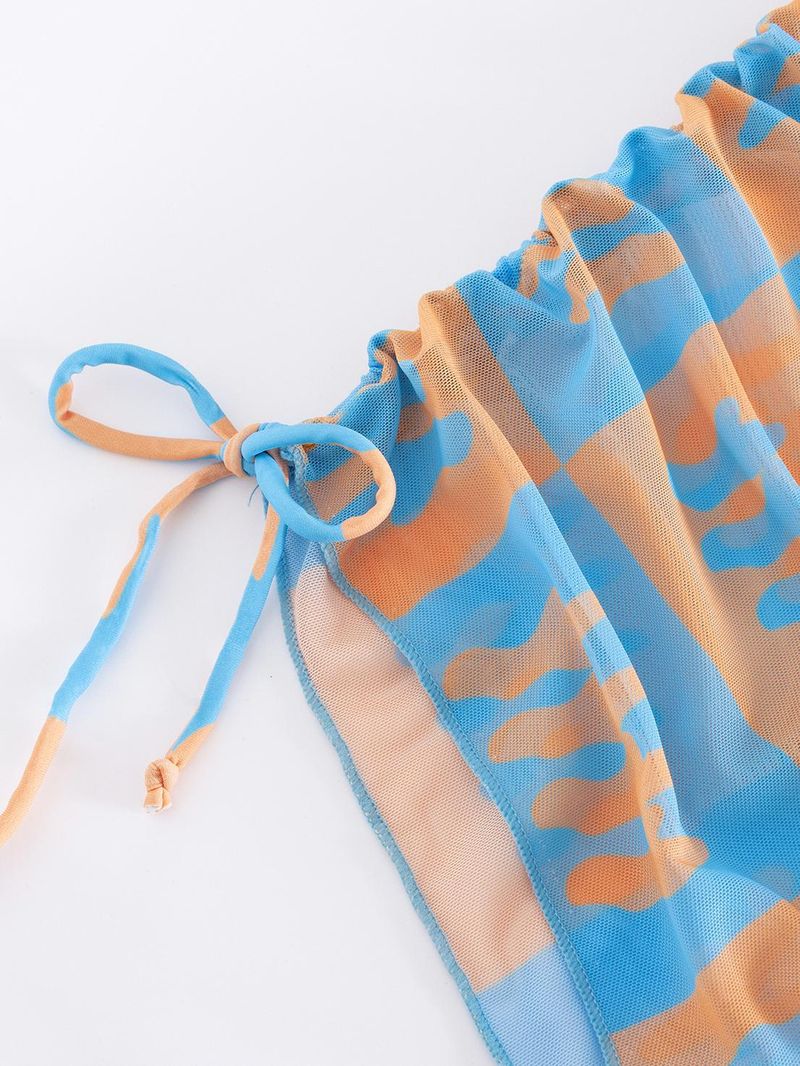 Damenbekleidung Langärmliger dreiteiliger Bikini-Badeanzug mit Netzstoff in der Taille und Kordelzug, bedruckt, geteilt_voghion.com