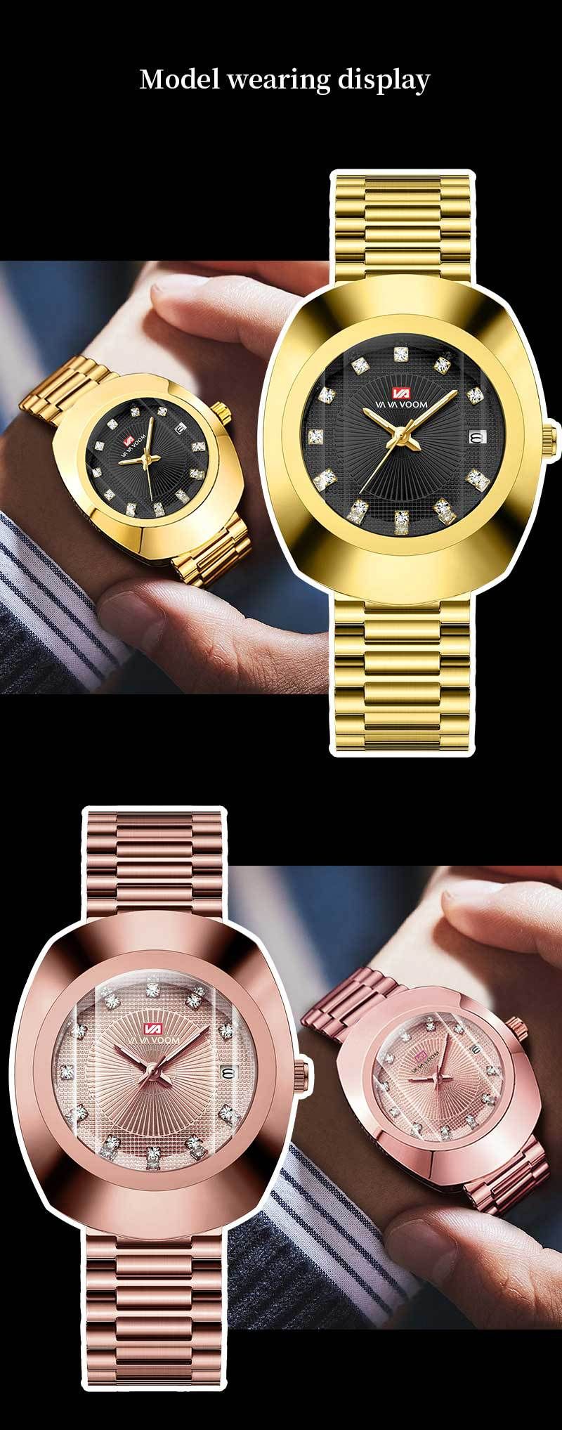 Va Va Voom Ceasuri pentru iubitori Ceas din oțel impermeabil cu diamant auriu Ceas cu cuarț pentru cupluri_voghion.com