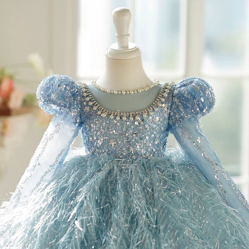 Abito da principessa azzurro cielo per bambina - Abito di alta qualità per compleanni e spettacoli al pianoforte_voghion.com