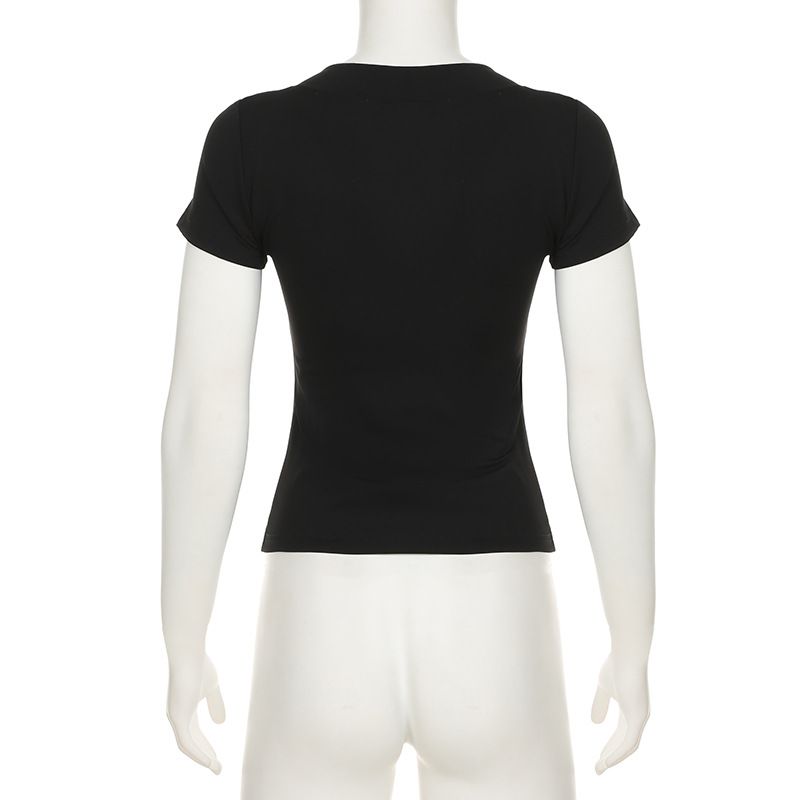 Stil minimalist Decolteu în V Talie de bază Slăbire Culoare uni Mâneci Spicy Girl Street Casual Versatil Bază scurt_voghion.com