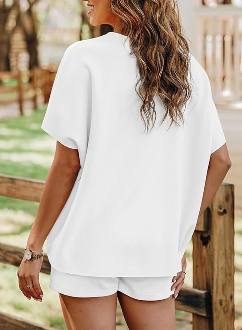 Women's 2 Piece Lounge Set Oversized Crewneck Short Sleeve Top And Drawstring Shorts Soft Pajama Set White Medium Size_voghion.com