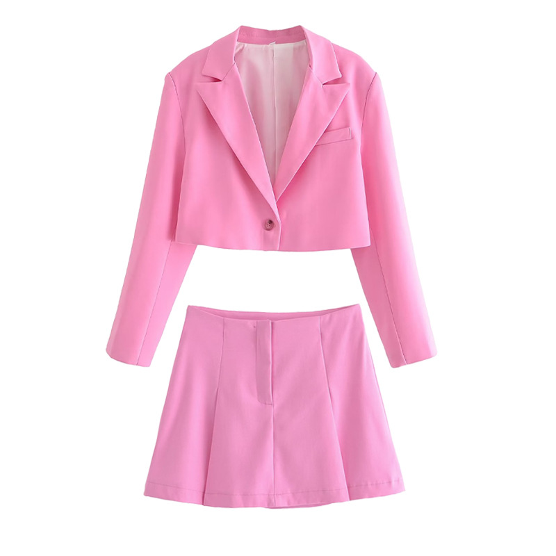 Conjunto de blazer curto feminino ZA com gola + minissaia larga plissada_voghion.com