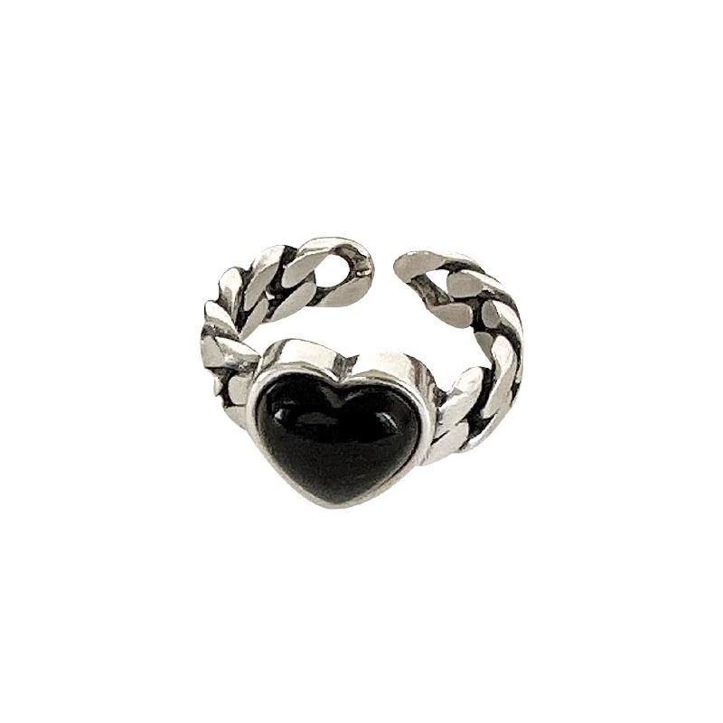 New For Women Geometric Chain Heart Shape Vintage Personality Black Hip Hop Versatile Open Index Finger Ring Wholesale_voghion.com
