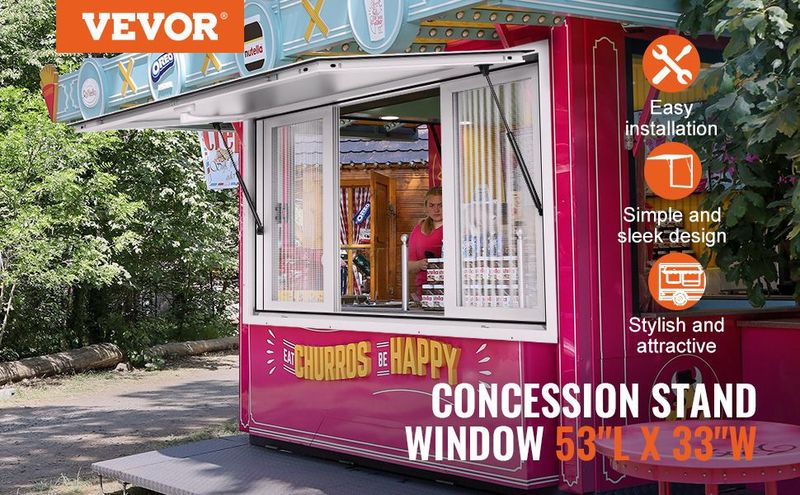 VEVOR Concession Window 53"x33", Aluminum Alloy Food Truck Service Window With 4 Horizontal Sliding Windows & Awning Door & Drag Hook, Up To 85 Degrees Serving Window For Food Truck Concession Trailer_voghion.com