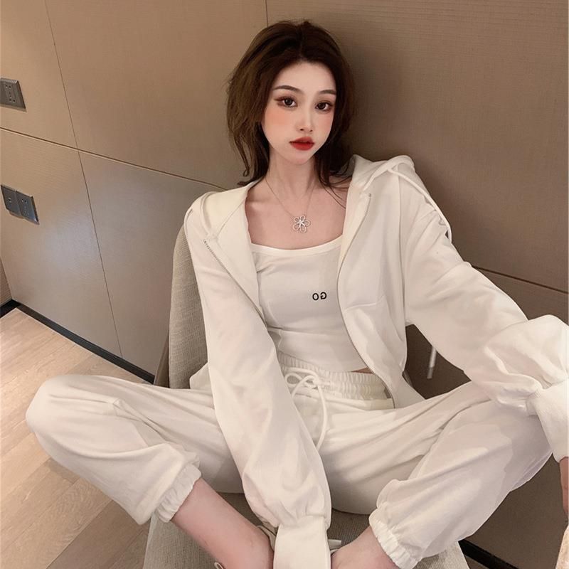 2025 Early Spring New Casual Sports Suit For Women, Long Pants With Zipper Hoodie Jacket And Camisole Three-Piece Set_voghion.com