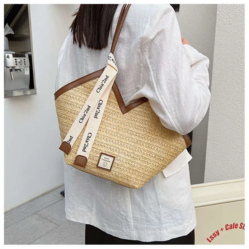 Bolso tote de paja de diseño playero, bolso de hombro de gran capacidad para mujer, ideal para el verano -_voghion.com