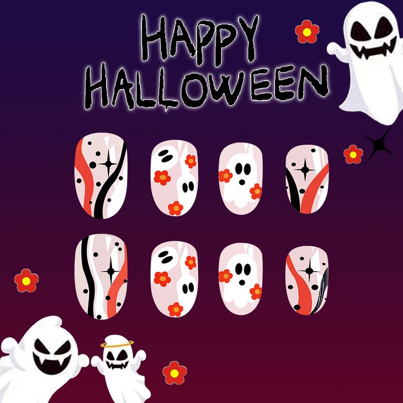 Nail Art a strisce irregolari multicolore con fiore bianco fantasma carino ovale corto lucido di Halloween, 24 pezzi_voghion.com