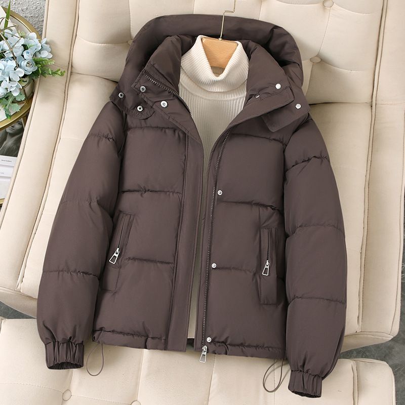 Women's Winter Hooded Puffer Jacket Short Length Lightweight Polyester Warm Coat Casual Loose Fit Outerwear For Petite & Plus Size_voghion.com