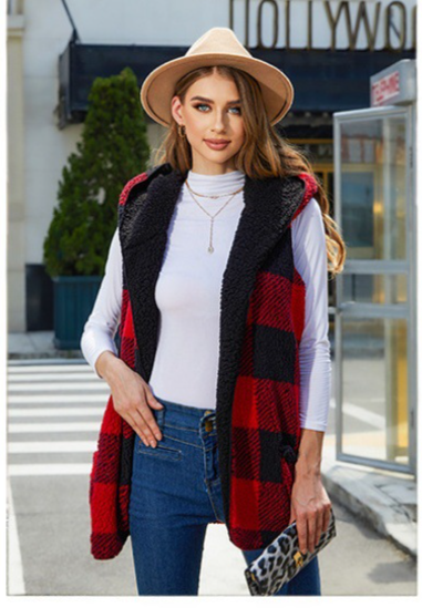 Cardigan ample à capuche sans boutons pour femmes, veste en peluche à carreaux_voghion.com