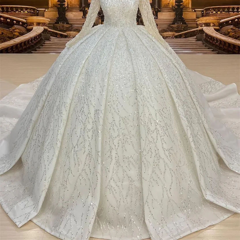 Ny bröllopsklänning tung industri broderad pärlstav spets elegant långärmad pösig prinsesskjol släpande brudklänning 6200_voghion.com