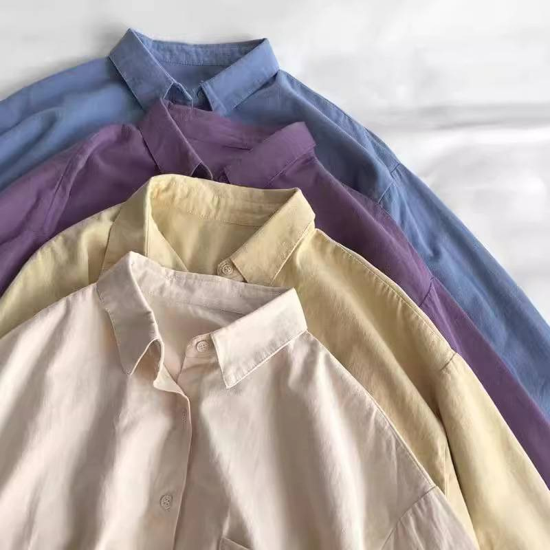 Donna super comoda! Camicia a maniche lunghe in cotone lavato tinta unita bianco per donna, giacca casual primaverile, cardigan ampio_voghion.com