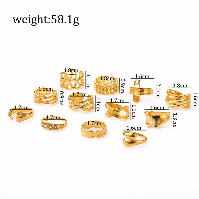 Set di 12 anelli impilabili per le dita da donna Anelli robusti Placcati in oro Collegamento intrecciato intrecciato Anelli aperti impilabili Anello per pollice spesso regolabile_voghion.com