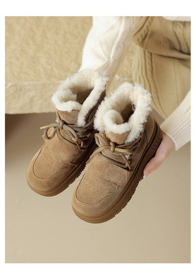 cameido Women's fur-lined warm cotton snow boots made of frosted leather, flat and casual short boots with lace-up design_voghion.com