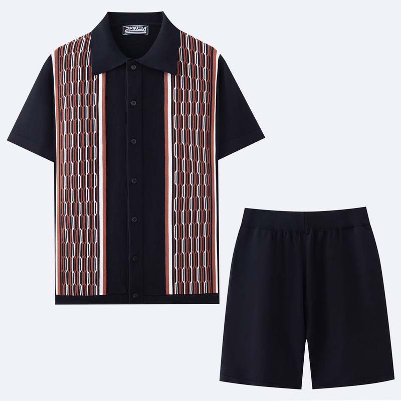 Herenkleding Heren Cool Zijde Jacquard Tweedelige Gebreide Trui Casual Poloshirt Pak_voghion.com