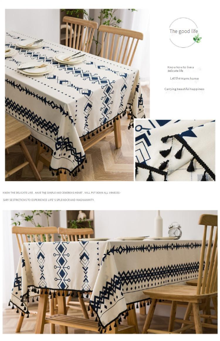 Nappe bohème imperméable lavable en coton et lin mélangé avec imprimé géométrique rectangulaire pour table à manger, pique-nique, décoration d'intérieur_voghion.com