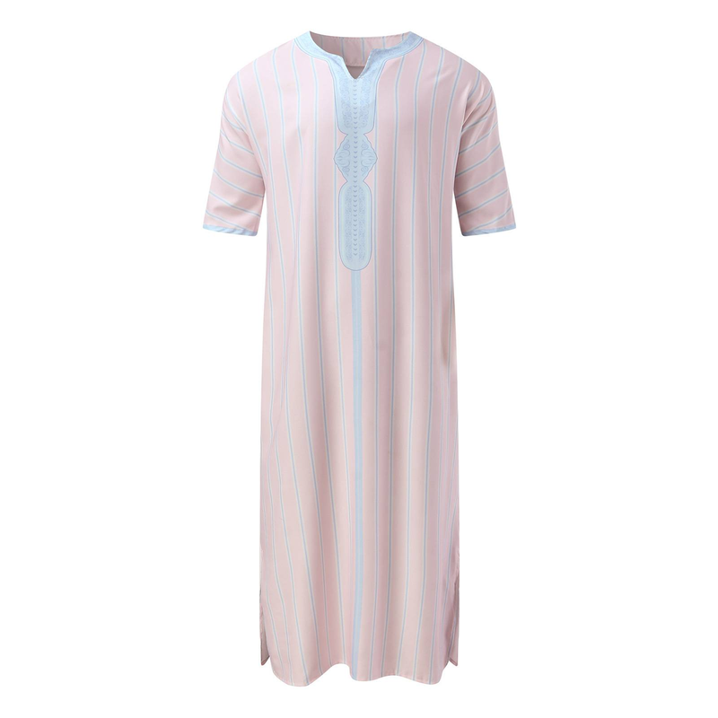 2025 New Short-sleeved Arab Ethnic-style Men's V-neck Printed Muslim Robe_voghion.com
