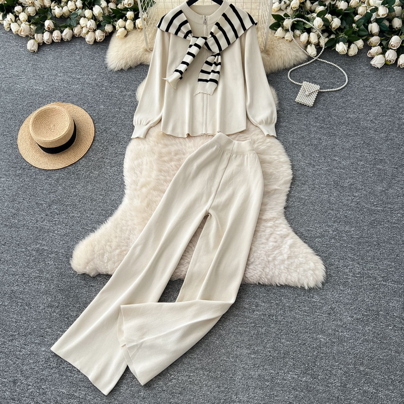 Relaxed Casual Women's Outfit - Loose Round Neck Zip-Up Knit Top With Striped Shawl & High-Waisted Wide-Leg Pants_voghion.com