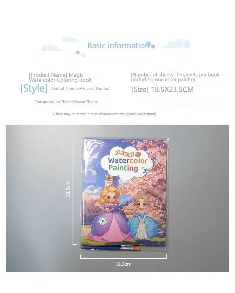 Portable Watercolor Coloring Book For Kids - 12 Sheets With Built-in Paints, Fun Animal Princess Ocean Car Themes, Ideal Gift For Children_voghion.com