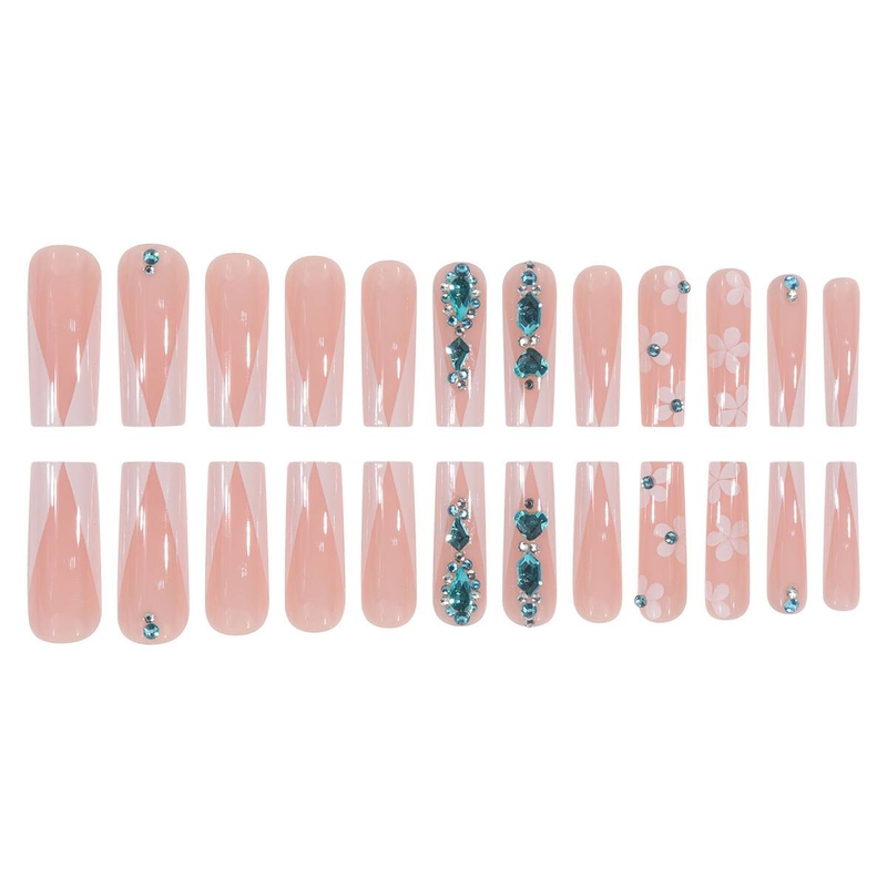 Unghie finte francesi lunghe con glitter floreali, unghie finte da donna, eleganti e alla moda con strass e fiori 3D, adesivi riutilizzabili per nail art_voghion.com