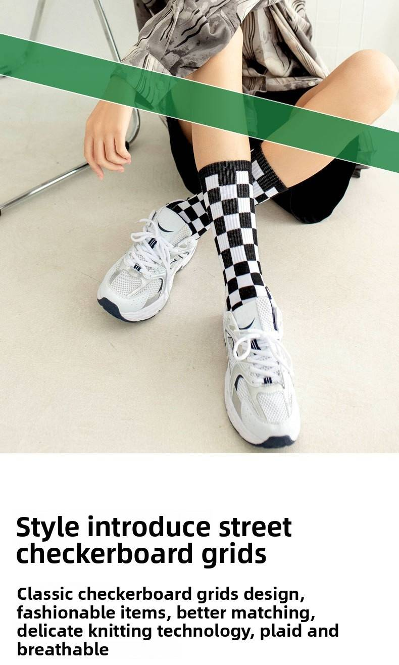 6 Pairs--Checkerboard Men's And Women's Fashion Street Brand Mid Tube Academy Style Cotton Skateboarding Socks_voghion.com