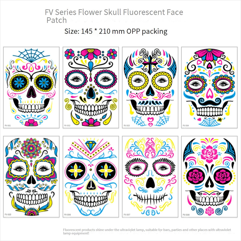 Halloween Temporary Tattoos Stickers - Glow In The Dark Day Of The Dead Face & Body Art For Party, Scary Makeup, Costume Accessories (8-Piece Set)_voghion.com