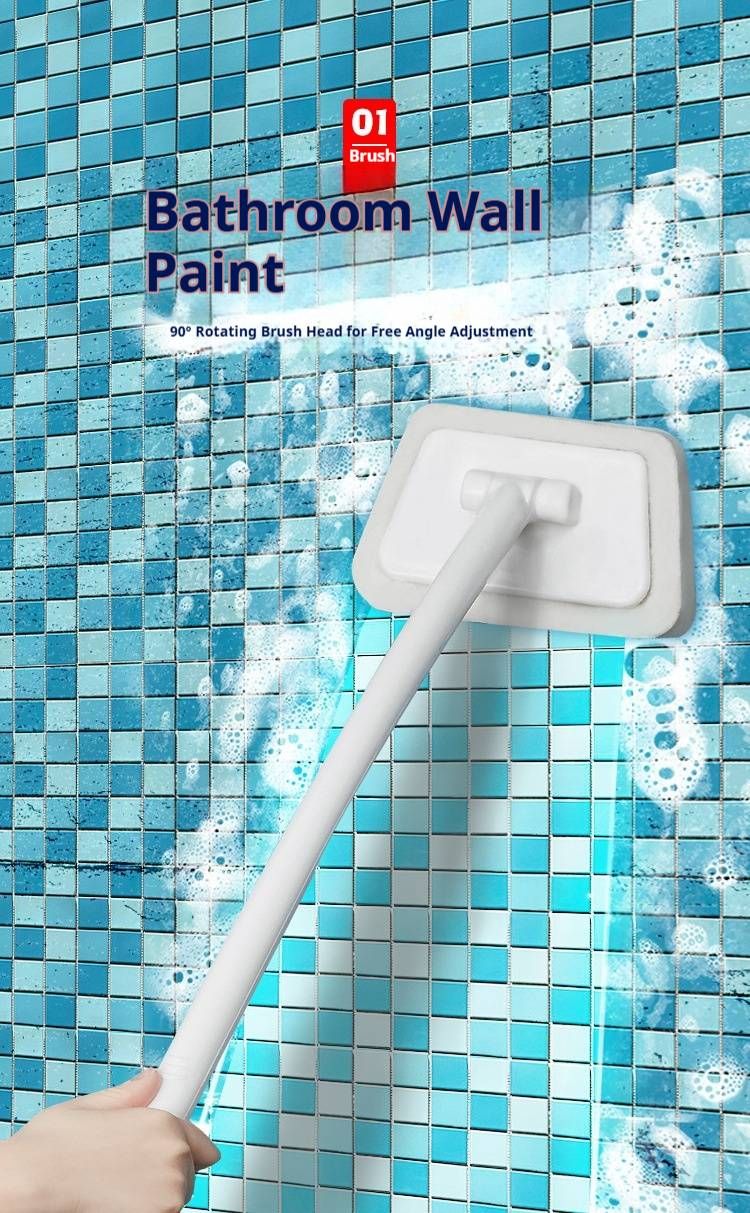 Long Handle Bath Tub Sponge Scrubber - Multi-Surface Cleaning Brush For Tiles, Floors & Household Surfaces (White, Non-Slip PP Handle)_voghion.com