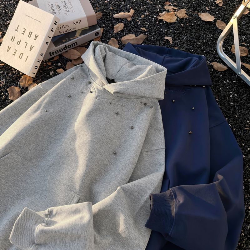 Übergroßer Cleanfit-Hoodie für Herren und Damen mit Vintage-Perlenstickerei – Lockere Passform, lässiger Unisex-Pullover mit Reißverschlusstaschen_voghion.com