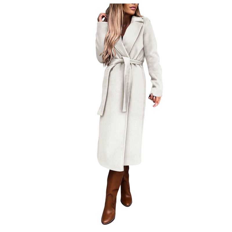 Autumn and winter women's solid color lapel long-sleeved woolen jacket simple strappy windbreaker_voghion.com