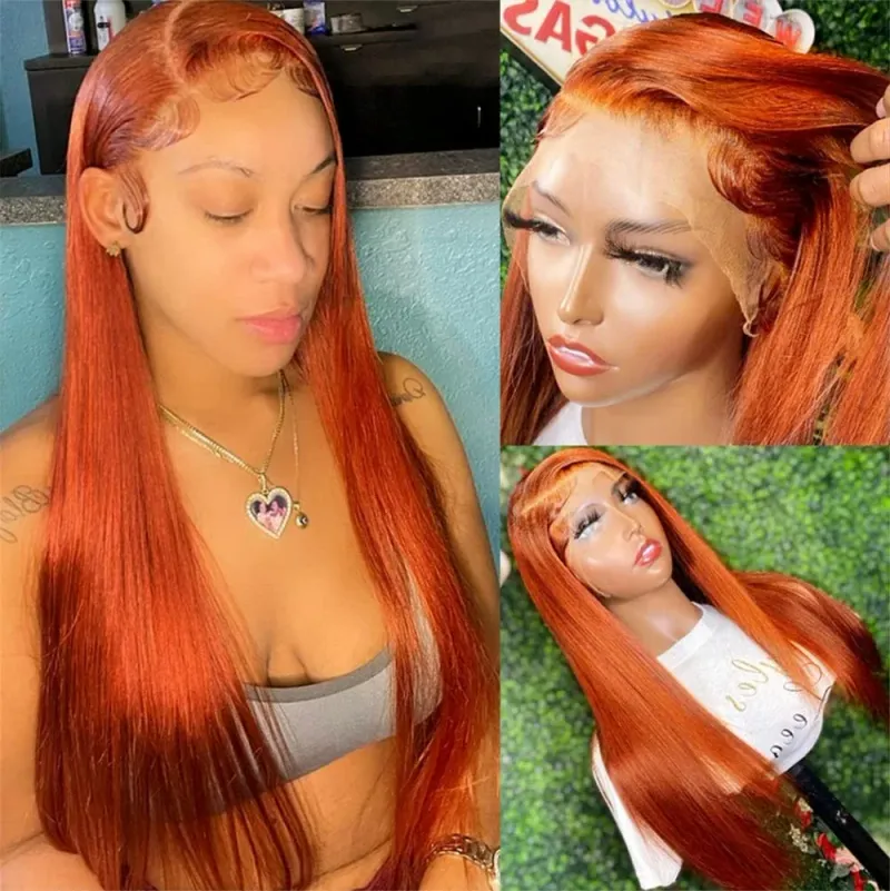 13x6 Ginger Lace Front Wig 100% Human Hair Straight Preplucked Orange Wig_voghion.com
