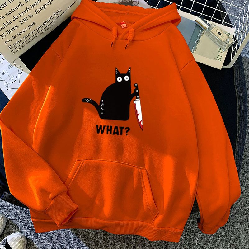 Felpa con cappuccio e grafica gatto nero, stampa personalizzata abbinata per coppia, autunno inverno, nuova caramella, colore: nero_voghion.com