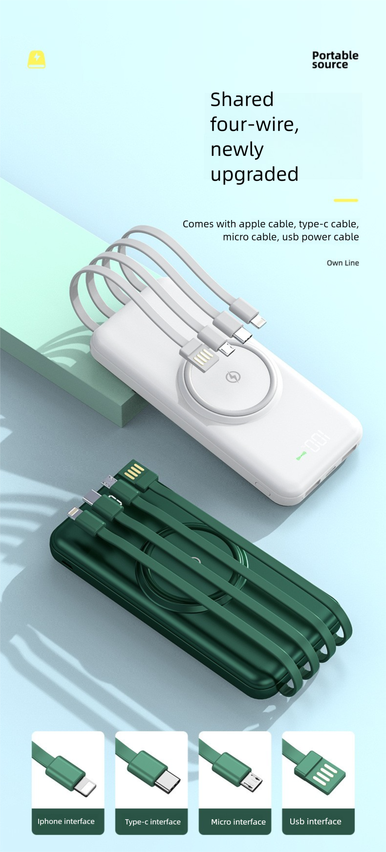 New Poduct With Built-in Cable Powe Bank Potable Digital Display 20000mAh Lage Capacity Mobile Phone Wieless_voghion.com