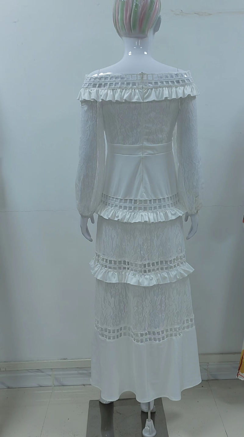 Women's lace dress line shoulder lotus wedding gown evening gown banquet dress_voghion.com