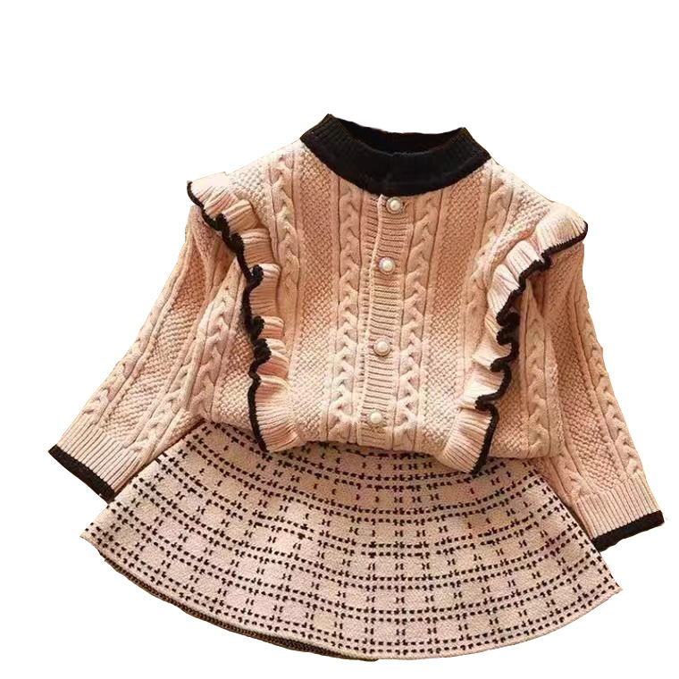 Completo da bambina 2022, autunno/inverno, a maniche lunghe, nuovo cardigan in maglia a rete rossa, piccolo e profumato, in stile western, con fondo in pizzo._voghion.com