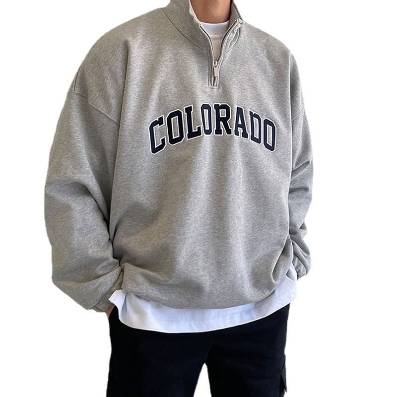 Sweatshirt mit halbem Reißverschluss für Herren, Herbstkleidung, Oberteil mit Buchstabendruck, koreanischer Stil, trendige, lockere Langarmjacke_voghion.com