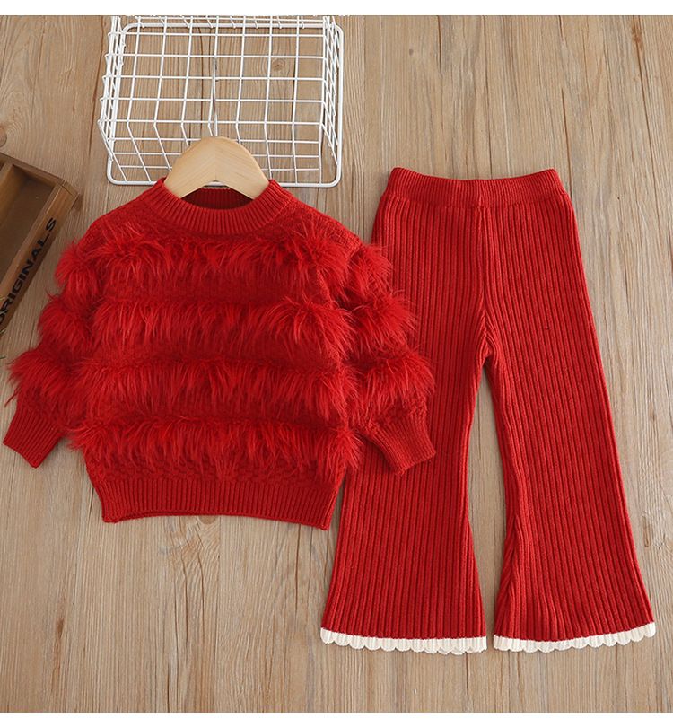 Mädchen-Set aus Strickpullover und Schlaghose – weiche Polyestermischung, koreanischer Stil, 3–8 Jahre (100–140 cm), Beige/Rot/Pink/Grün_voghion.com