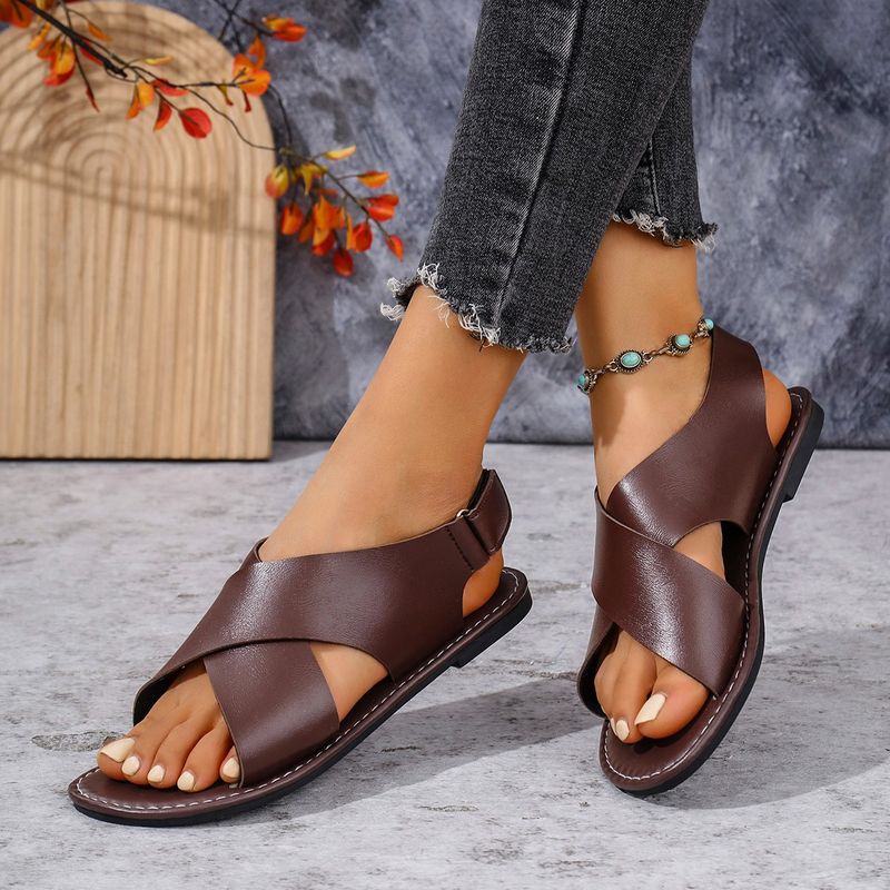 Large 2025 Summer New Cross Style Round Head Velcro Flat Sandals_voghion.com