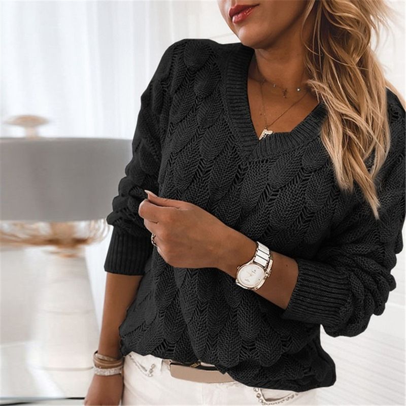 Pull élégant en tricot à plumes pour femme, col en V, manches longues, décontracté - Mélange de coton doux, coupe ample, respirant et élégant_voghion.com