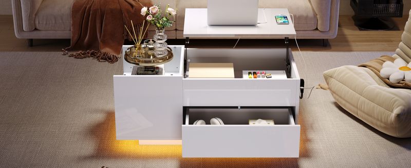 Table basse réglable en hauteur 95 x 48 x 42 cm avec rangement dissimulé, éclairage LED, tiroir et prise – Table d'appoint de salon blanche_voghion.com