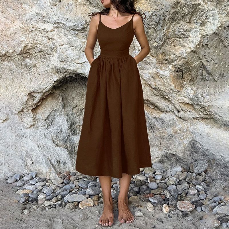 Women's Clothing Temperament Strap Sexy Backless V Neck Suspender Swing Dress_voghion.com