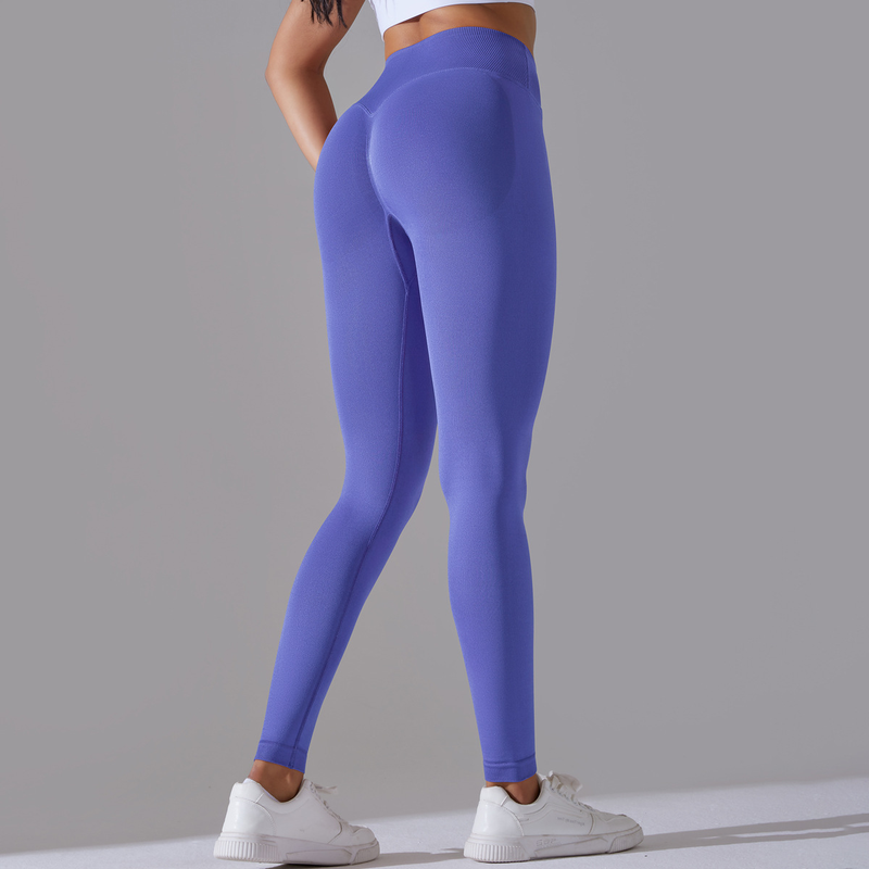 Pantaloni da yoga a nove punti da fitness da donna, lavorati a maglia, traspiranti, in tinta unita, a vita incrociata, color pesca, senza cuciture_voghion.com