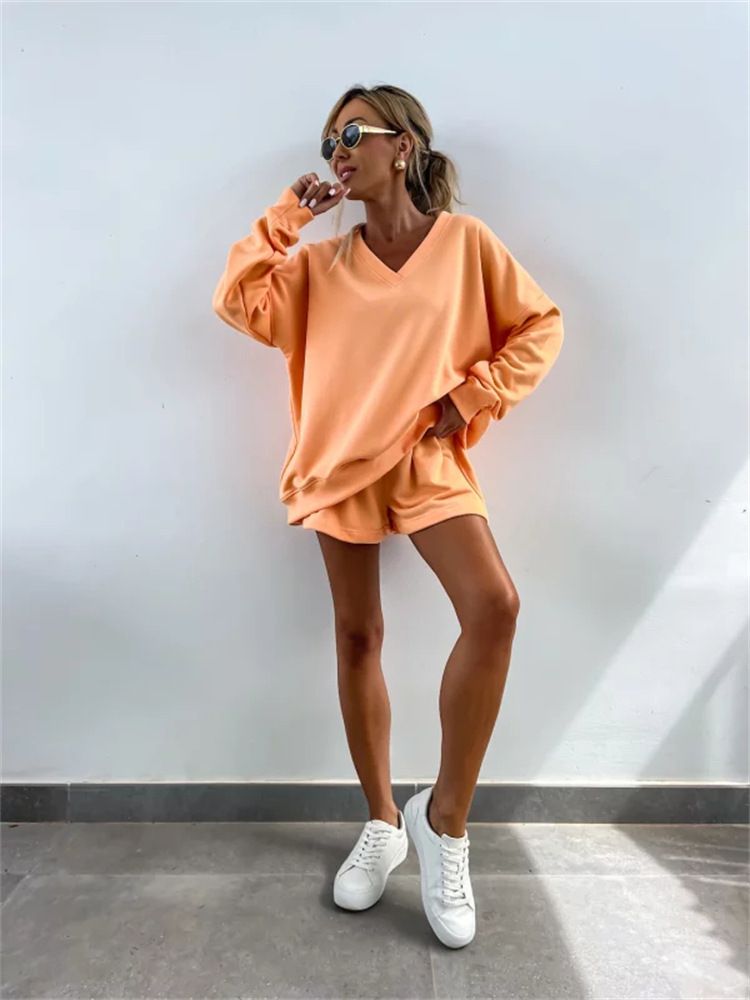 Ensemble 2 pièces décontracté à rayures pour femme, haut ample à manches longues et col en V, short de sport_voghion.com