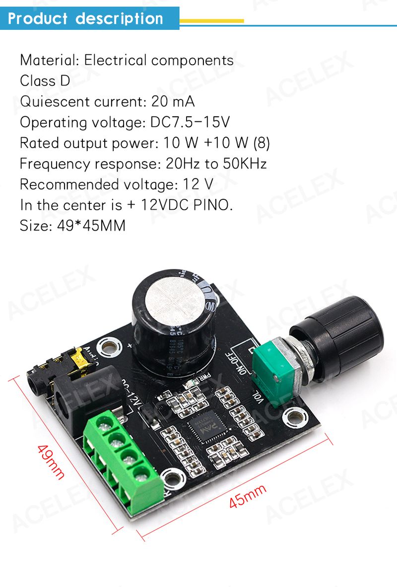 Super Slim 2 x 15W PAM8610 Class D Digital Dual Power Audio Amplifier Board 12V black_voghion.com