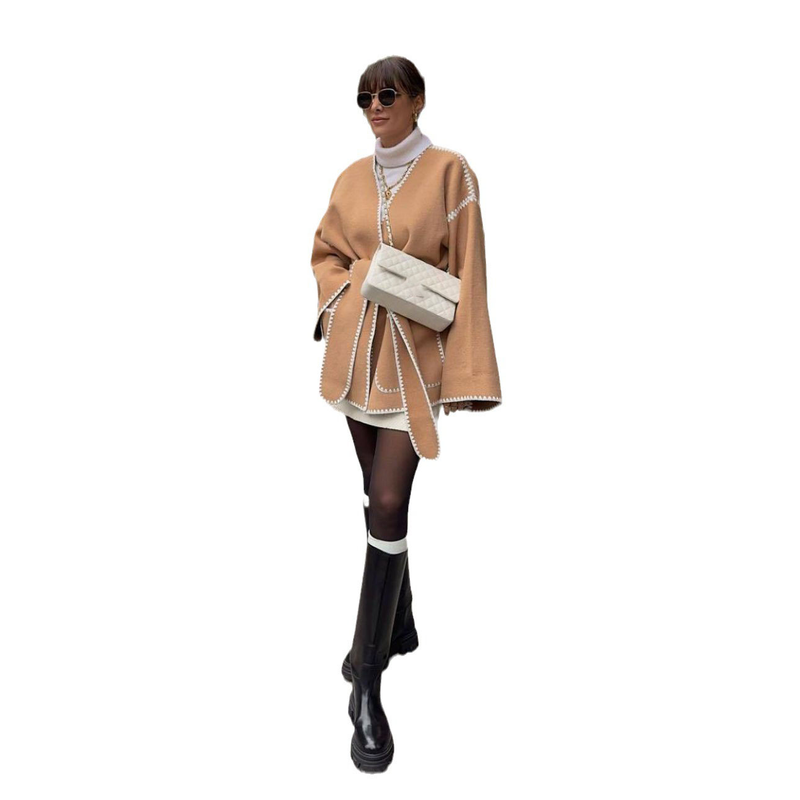 Ropa de mujer Otoño e invierno Nueva chaqueta tipo cárdigan de encaje con cuello en V Chaqueta con diseño de encaje y cinturón_voghion.com