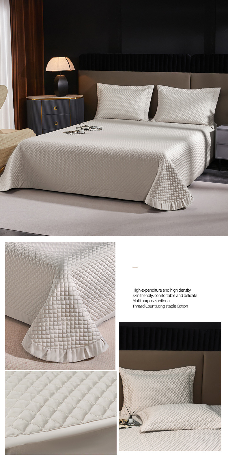 Juego de cama de algodón de fibra larga de 100 hilos, tres piezas, antideslizante, de alta calidad, acolchado, una sola pieza, algodón puro, universal para todas las estaciones._voghion.com
