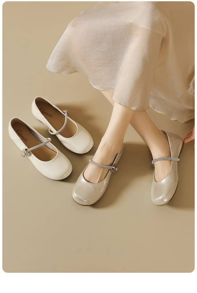 【Weiche Sohle und weiches Obermaterial】 Cameido Mary-Jane-Schuhe mit Knöchelriemen und Kristallen, 2025 Herbstschuhe mit runder Zehenpartie und niedrigen, flachen Einzelschuhen_voghion.com