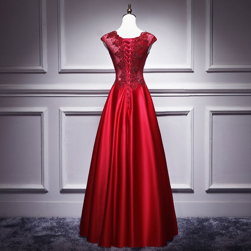 Elegante abito da sera rosso con scollo a V profondo - Abito da sposa a trapezio con corsetto e allacciatura sulla schiena (XS-XXXL, misto chiffon e poliestere)_voghion.com