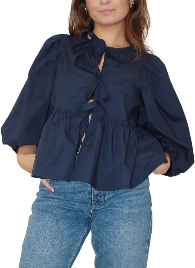 Women's Clothing Tie Front Top Leopard Print Ruffle Babydoll Top 3/4 Length Puff Sleeves_voghion.com