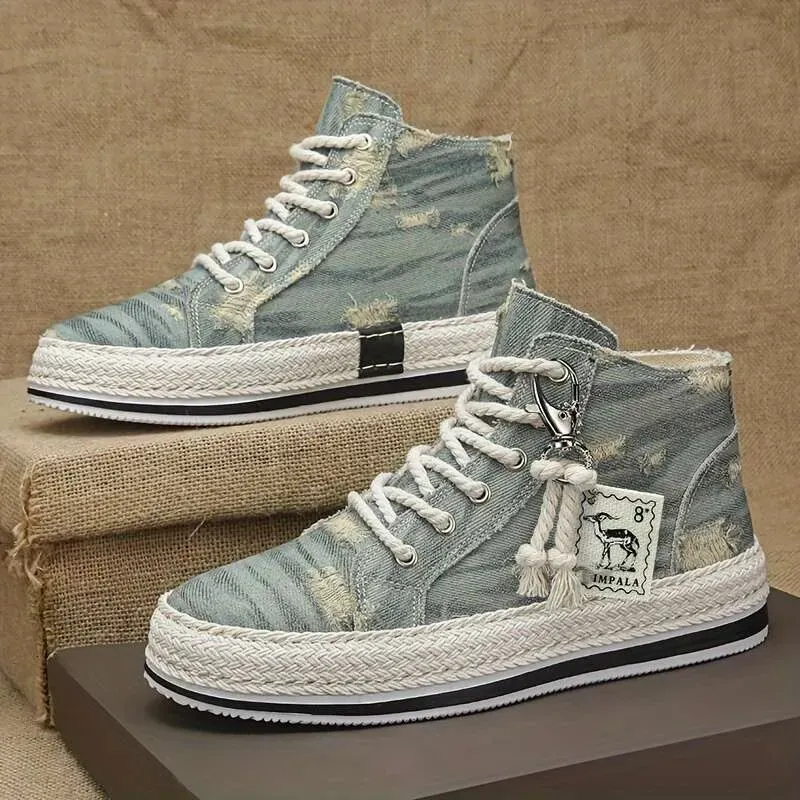 High-Top-Skateschuhe aus Used-Denim mit gutem Grip, atmungsaktive Schnürschuhe, Herrenschuhe, inspiriert von Espadrilles_voghion.com