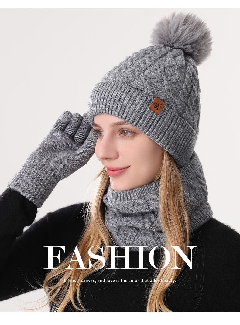 Set invernale da donna con cappello, sciarpa e guanti in maglia - Scaldacollo termico in morbida lana di alpaca, berretto e guanti - Elegante design geometrico per il ciclismo all'aperto_voghion.com